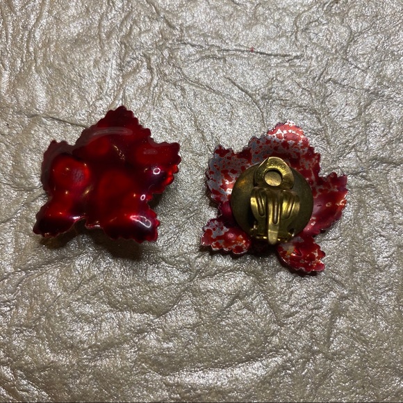 Vintage W. Germany Red Leaf Clip On Earrings - Picture 5 of 7